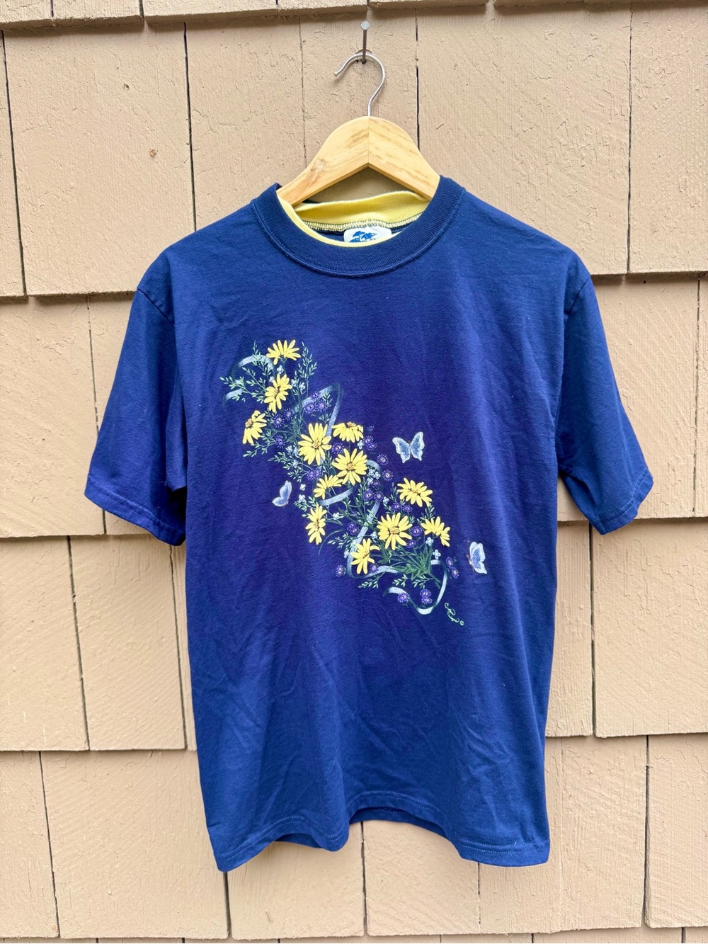 90’s Style Blue Floral Shirt with Butterflies